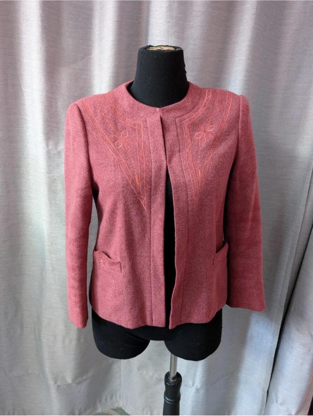 Vintage 70s Pink Wool Embroidered Blazer Suit Jacket S